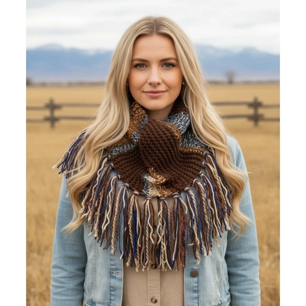 NEW Brown Blue Cowl Scarf Hand Knitted Boho Fringe Cottage Cozy Indie Artsy Chic
